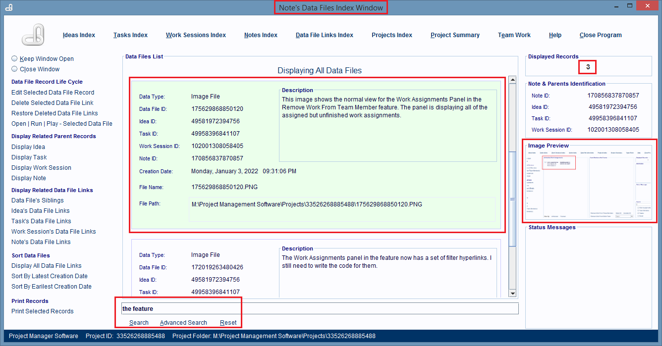 Notes Data Files Index Window with a record selected.