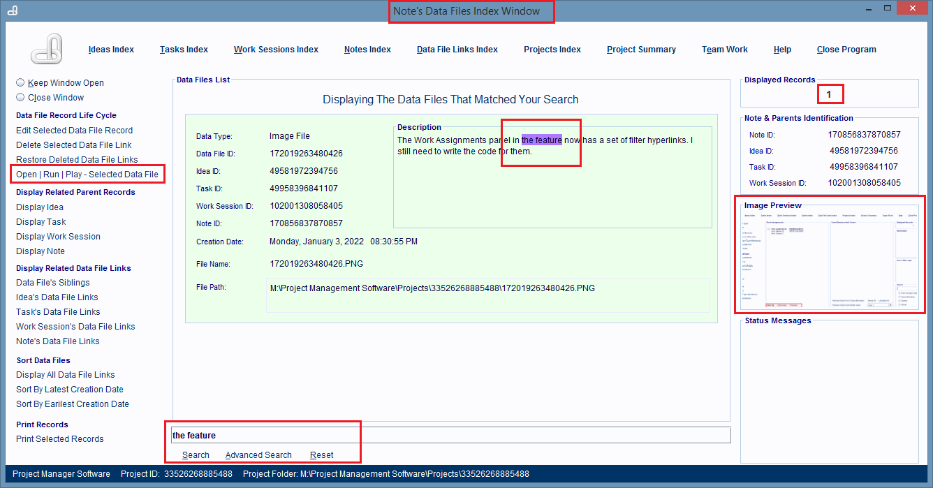 Notes Data Files Index Window's search panel.