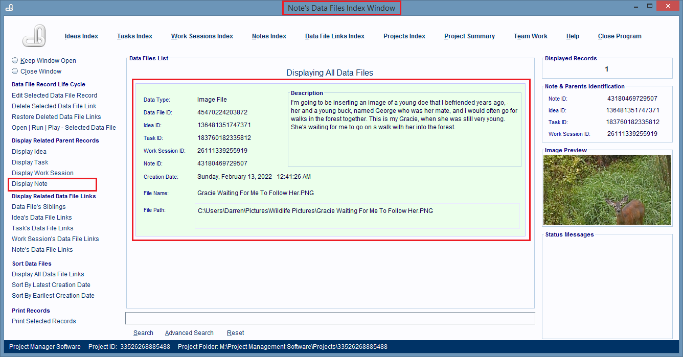 The Note's Data Files Index Window is displaying all of the Data File Link records for this note's images.