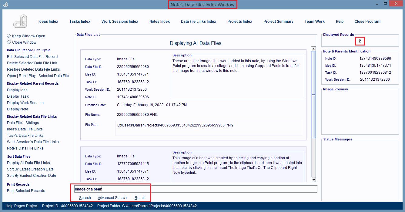 Notes Data Files Index Window.