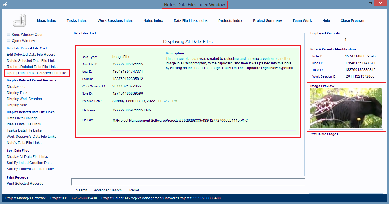 Data File Link record is selected in the Notes Data File Links window.