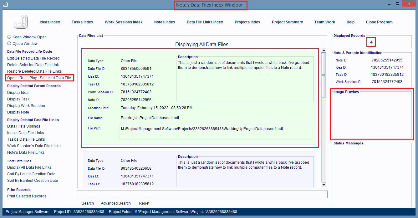 A Note's Data File Links Index Window is display and the first record in the list is selected.