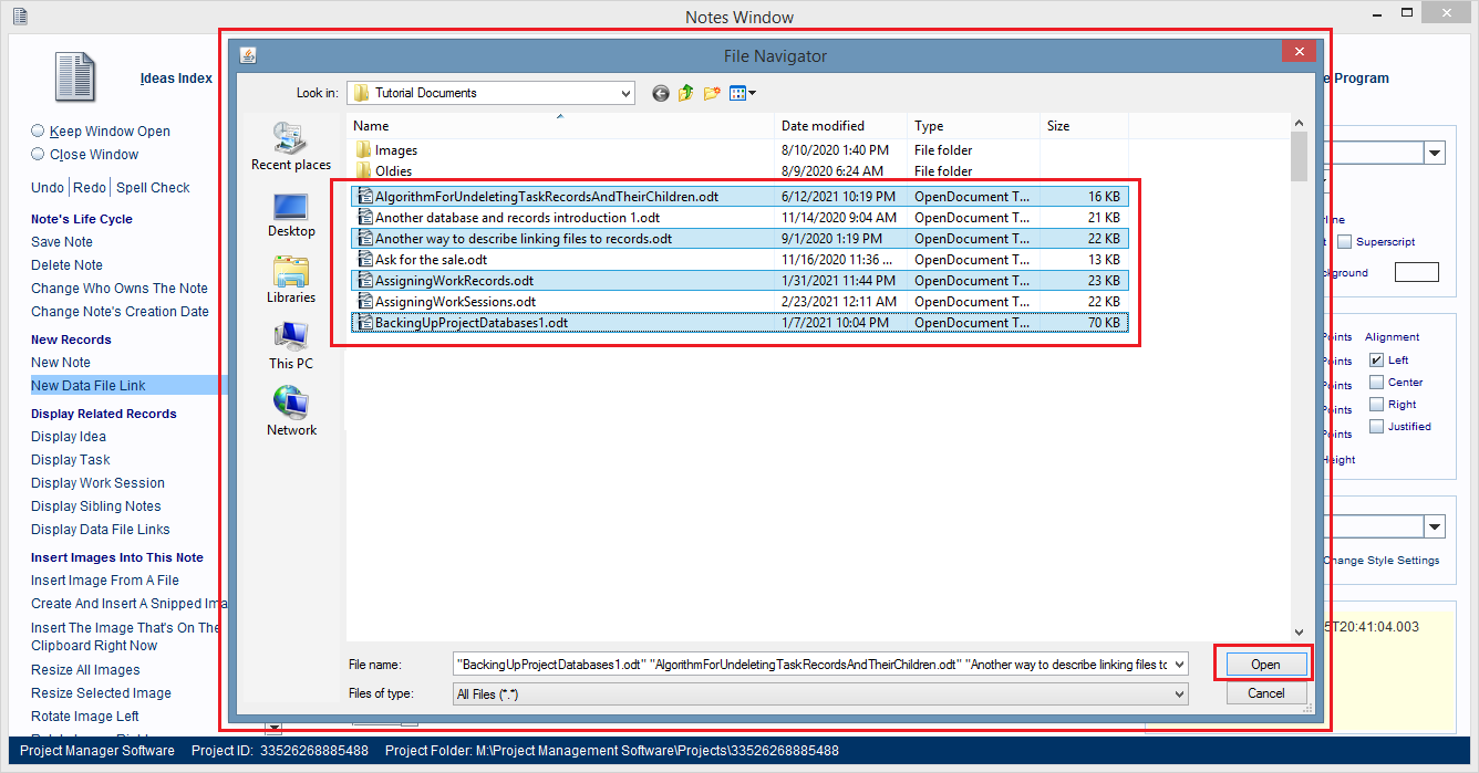 Use the File Navigation dialog box that pops up 
                                to locate and select the computer files you want to 
                                link to the Note record.