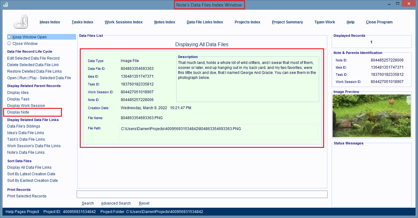 An Note's Data File Links Window is being used to open a Note record in a Notes Window.