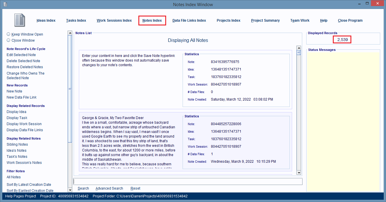 Notes Index Window.