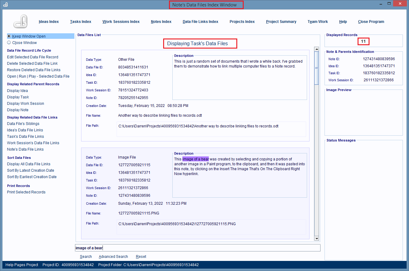 Displaying a parent task's Data File records.