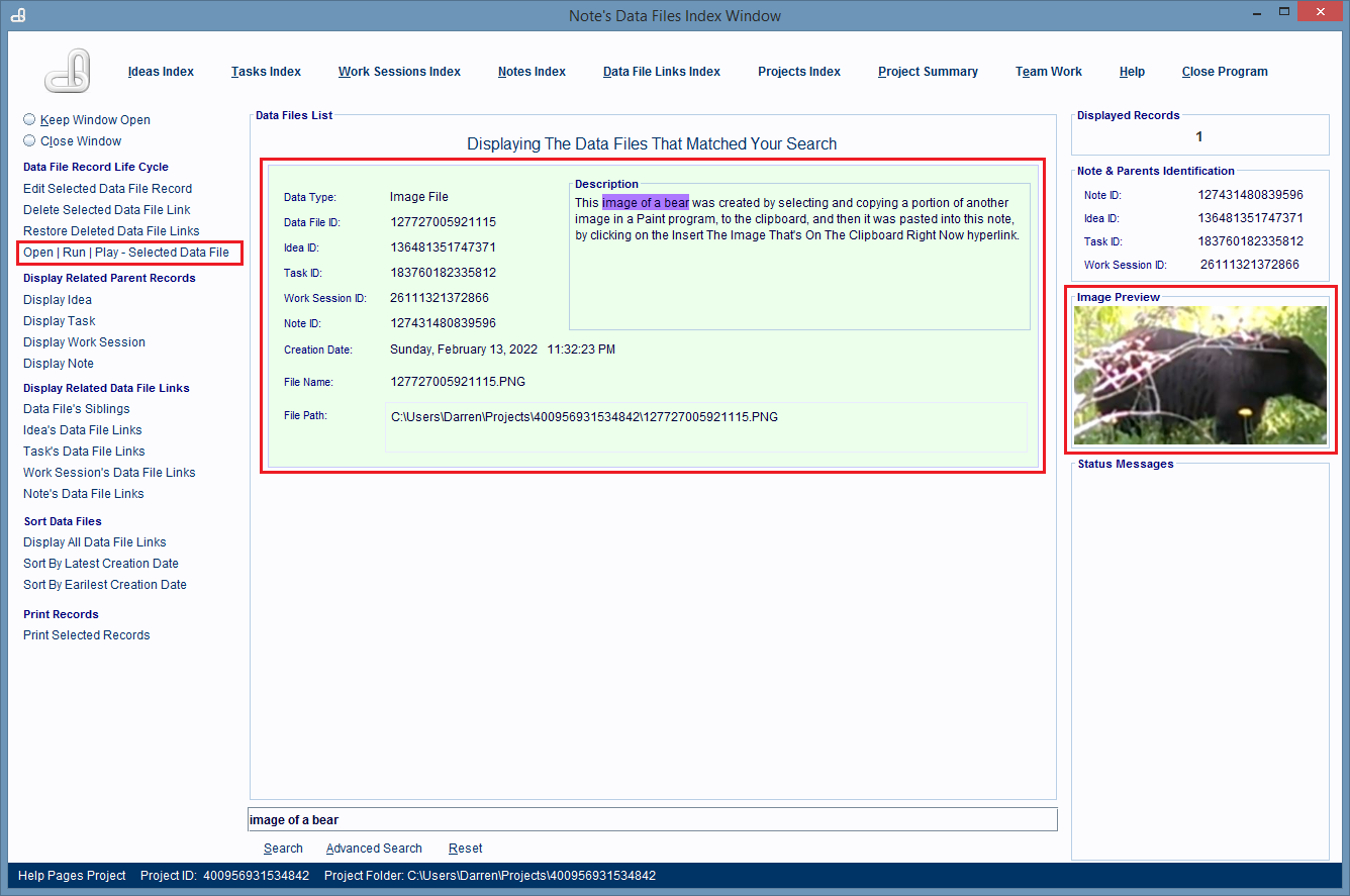 Double click on a record entry to open and display its linked computer file's contents.