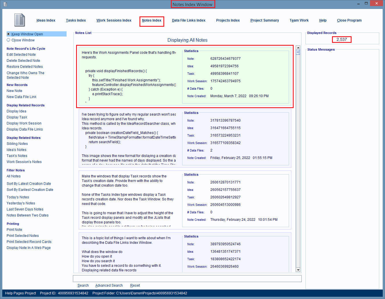 The Notes Index Window