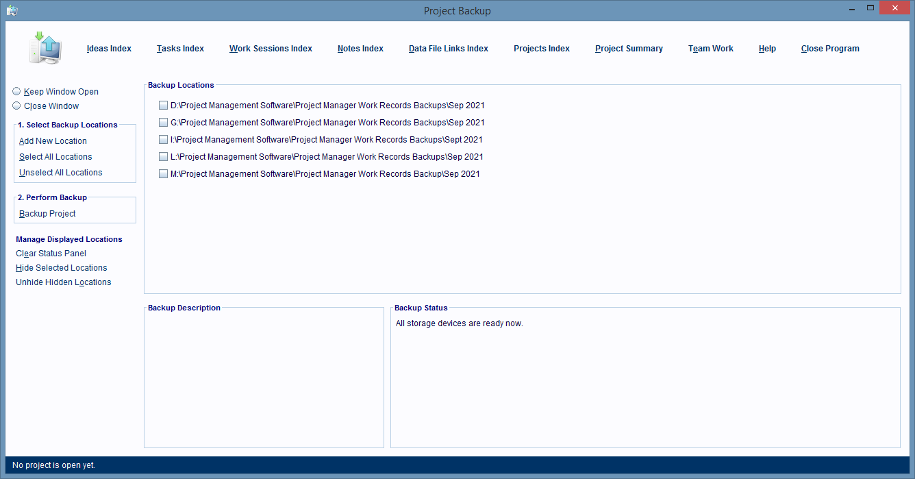 The Project Backup Window opens.