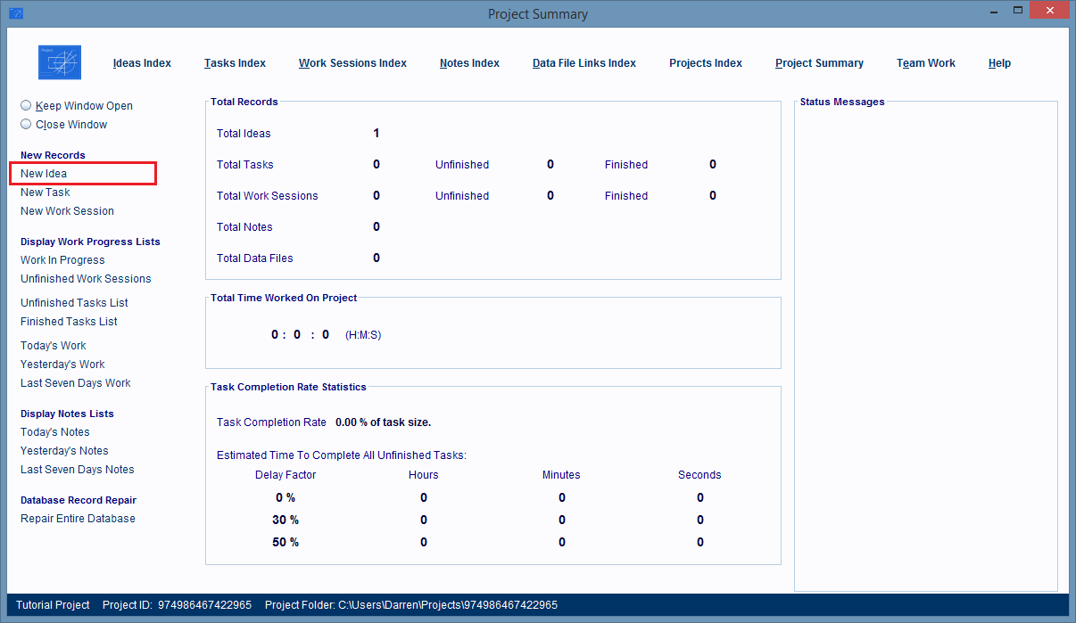 Click the New Idea hyperlink to create the project's first idea record.