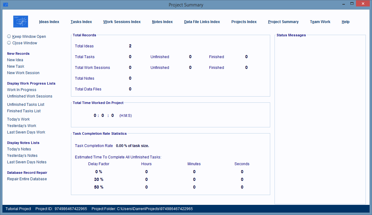 The first window you see when a project database is opened is the Project Summary Window.