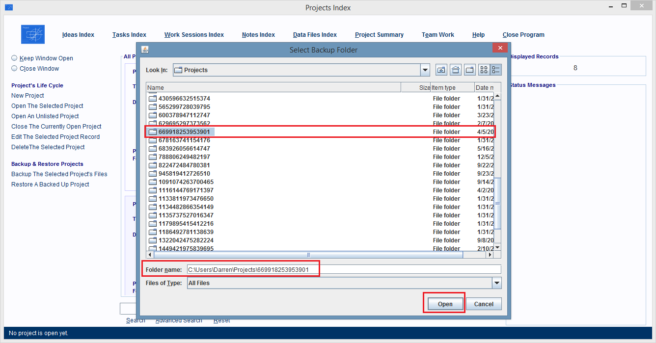 Click the Open button to load the selected project.