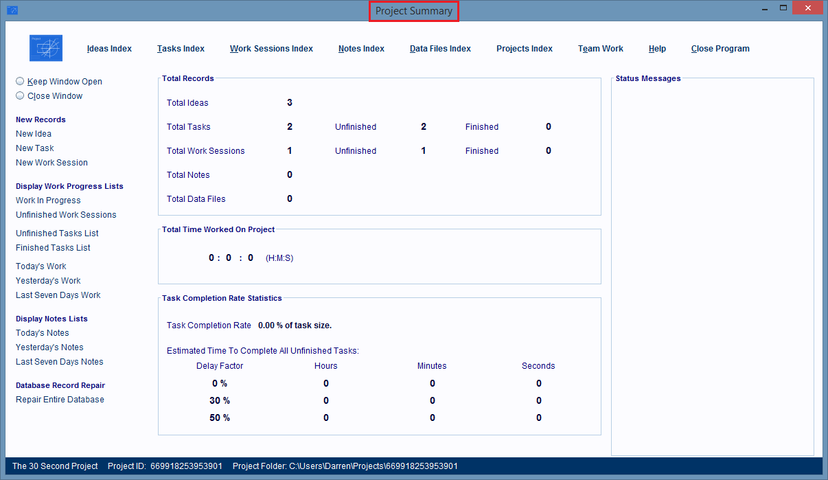 The project is opened and the Project Summary Window is displayed.