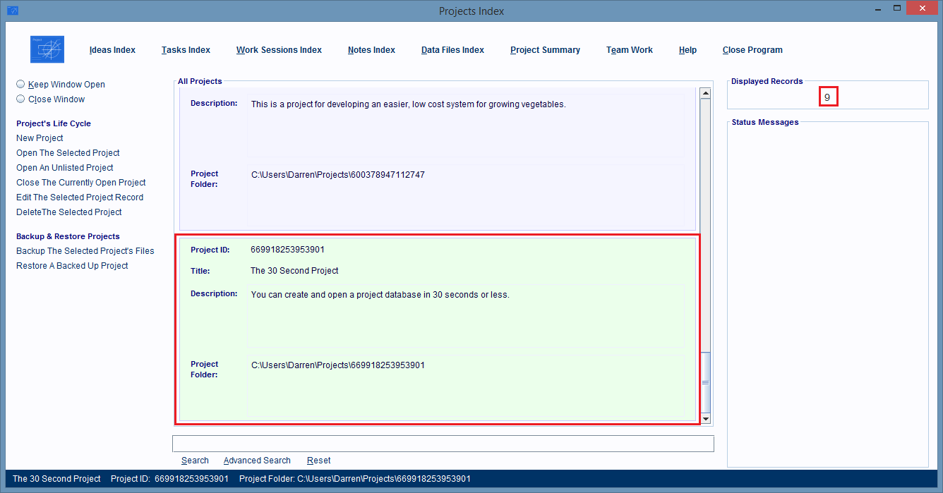 The Projects Index Window has a copy of the Project Record displaying in its lists again.