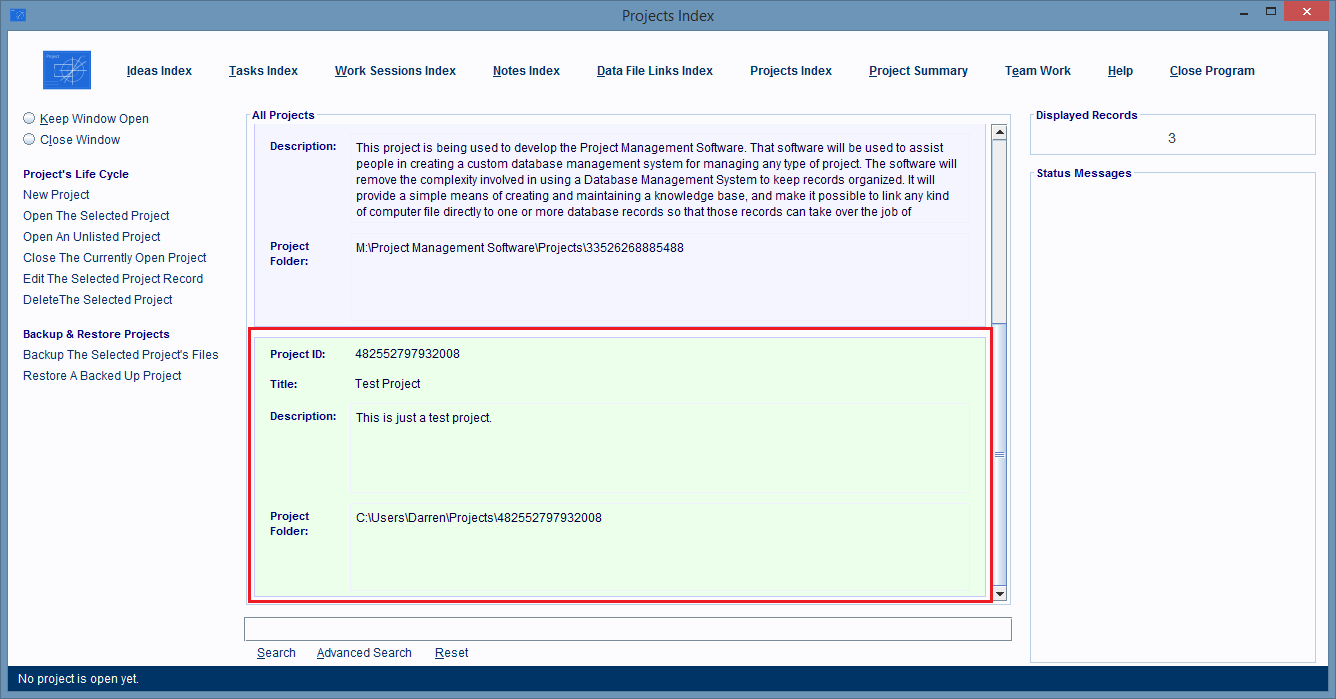 At the bottom of the Projects Index Window is the record entry for the restored Project Folder.