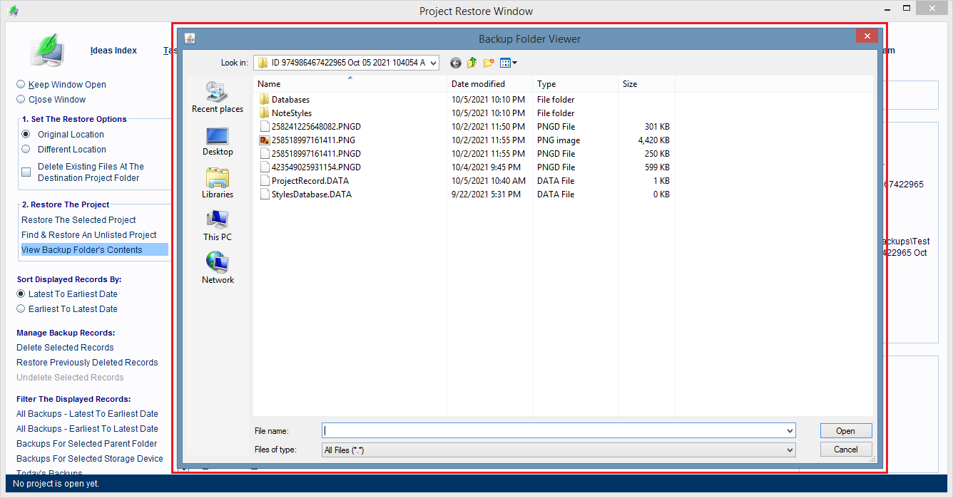 Dialog box showing the files in the backed up Project Folder.