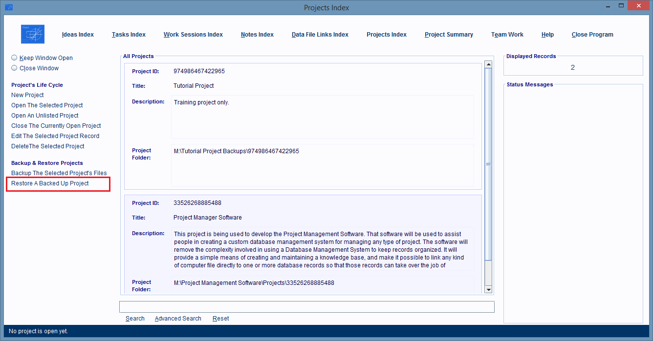 Projects Index Window