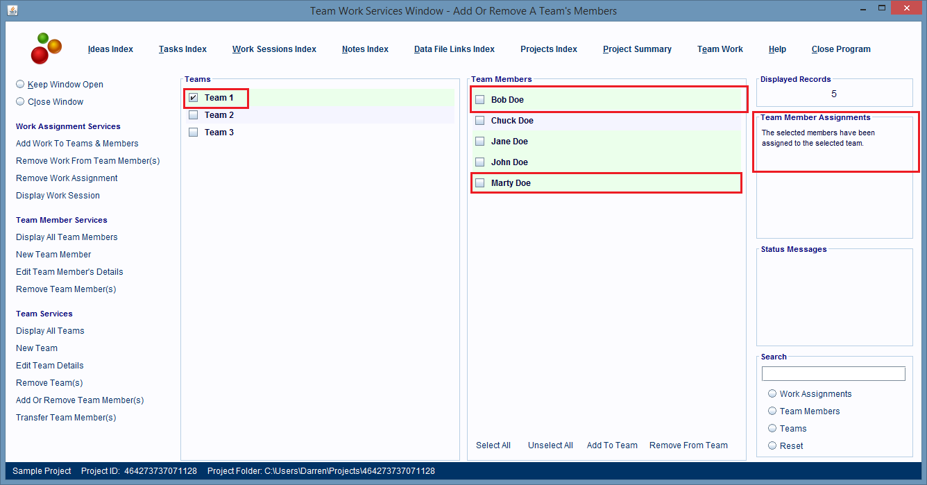 The new team members entries are highlighted in light green to indicate they are members of the selected team.