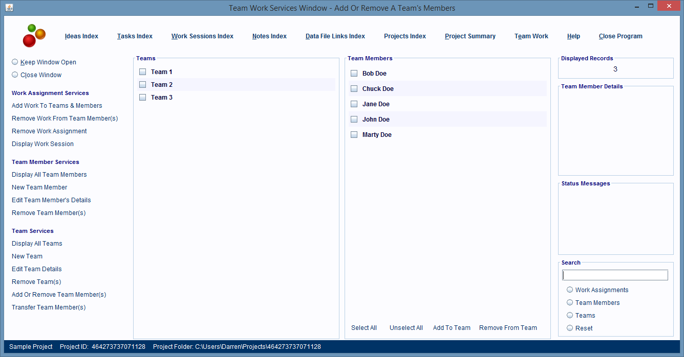 The Add Or Remove Team Member(s) service's panels.