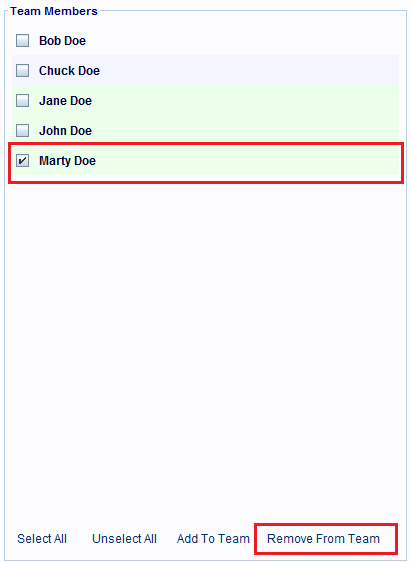 Click the Remove From Team hyperlink to remove selected team members from a team.