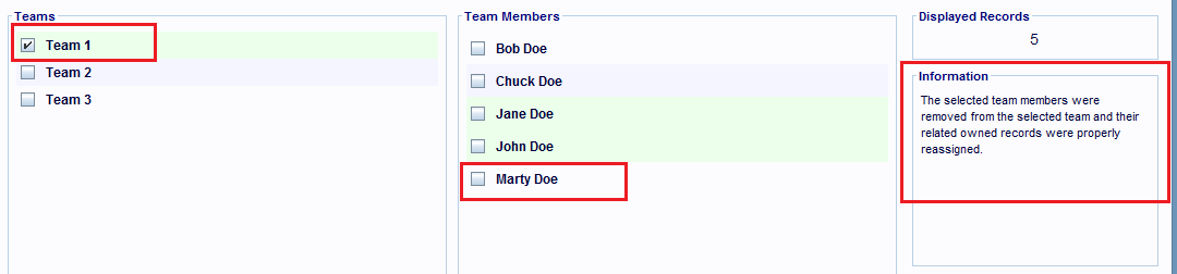 The team member is removed from the team but their name remains in the Team Members list.