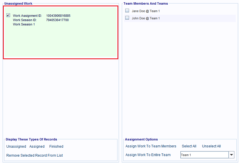 The panels that link Work Assignments to Team Members.