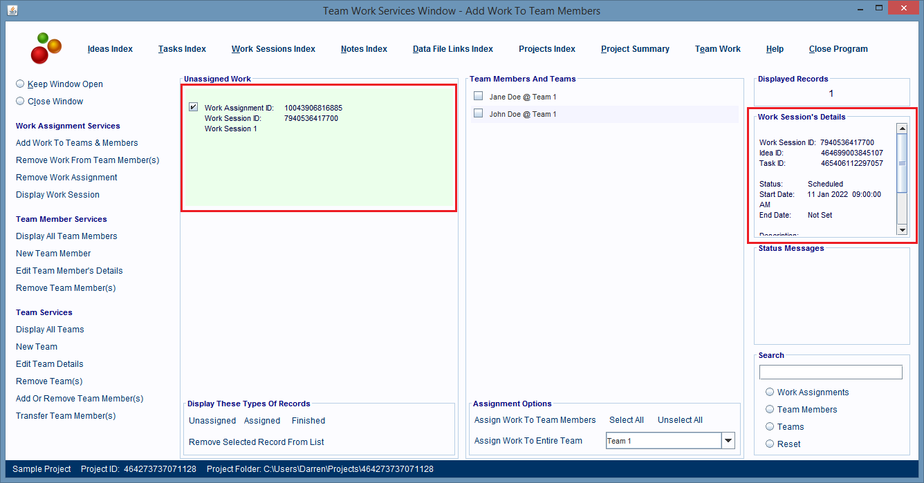 Single click the Work Assignment record to select it.