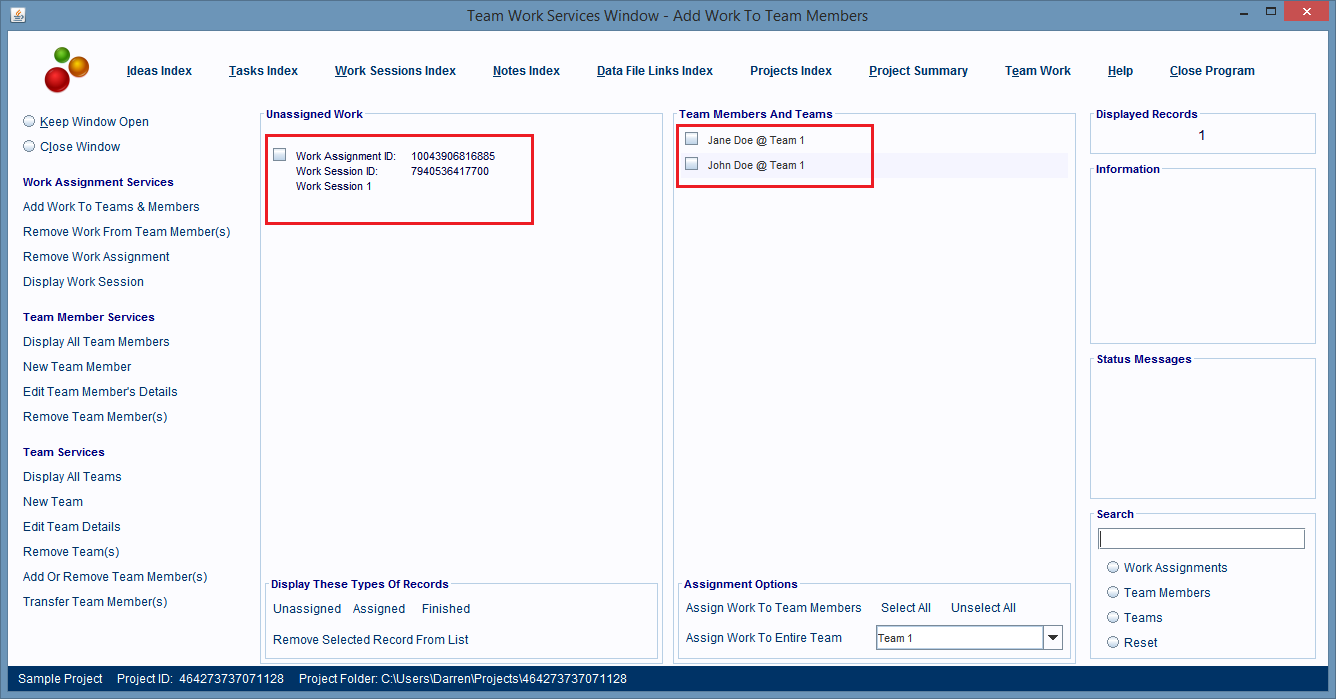 Work Assignment record being displayed in a panel in the Team Work Services Window.