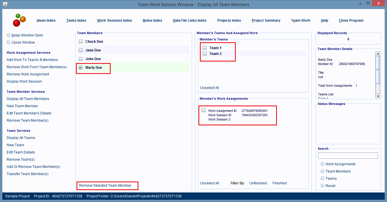 Click the Remove Selected Team Member to delete that member from the database and all linked team and work assignment records.