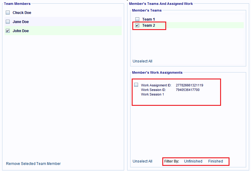 Click a team's entry to see which work assignments belong to that team.