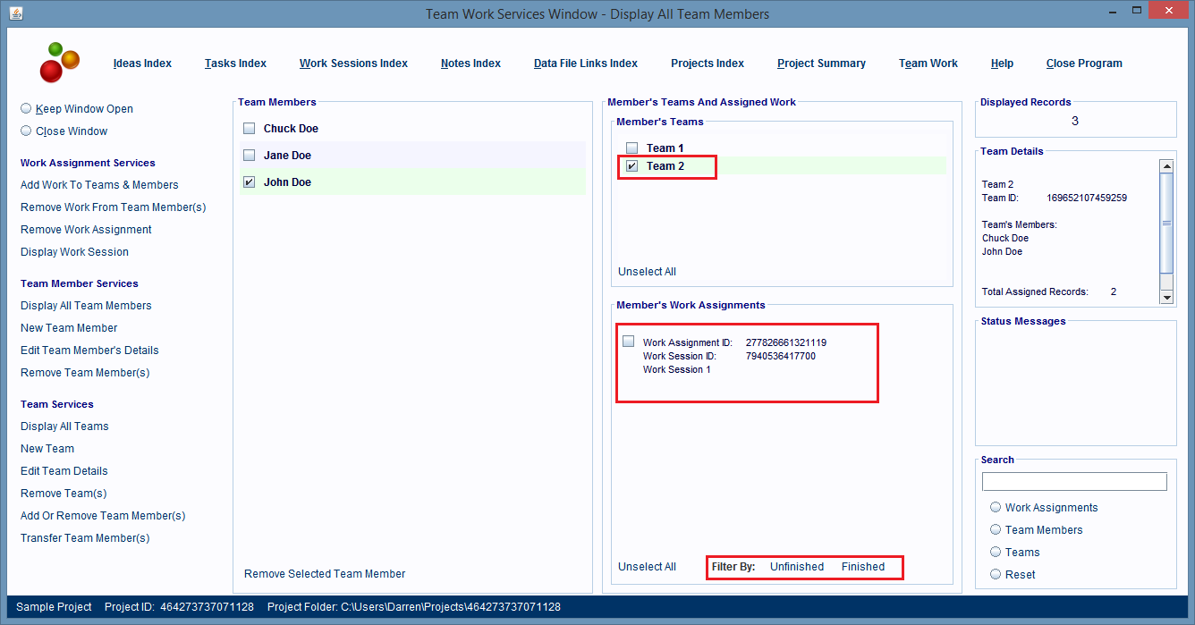 Click a team's entry to see which work assignments belong to that team.