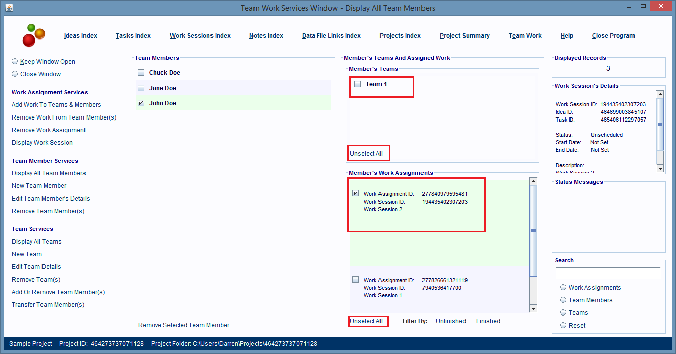 Click a Work Assignment entry and the Teams panel displays the team that assignment belongs to.