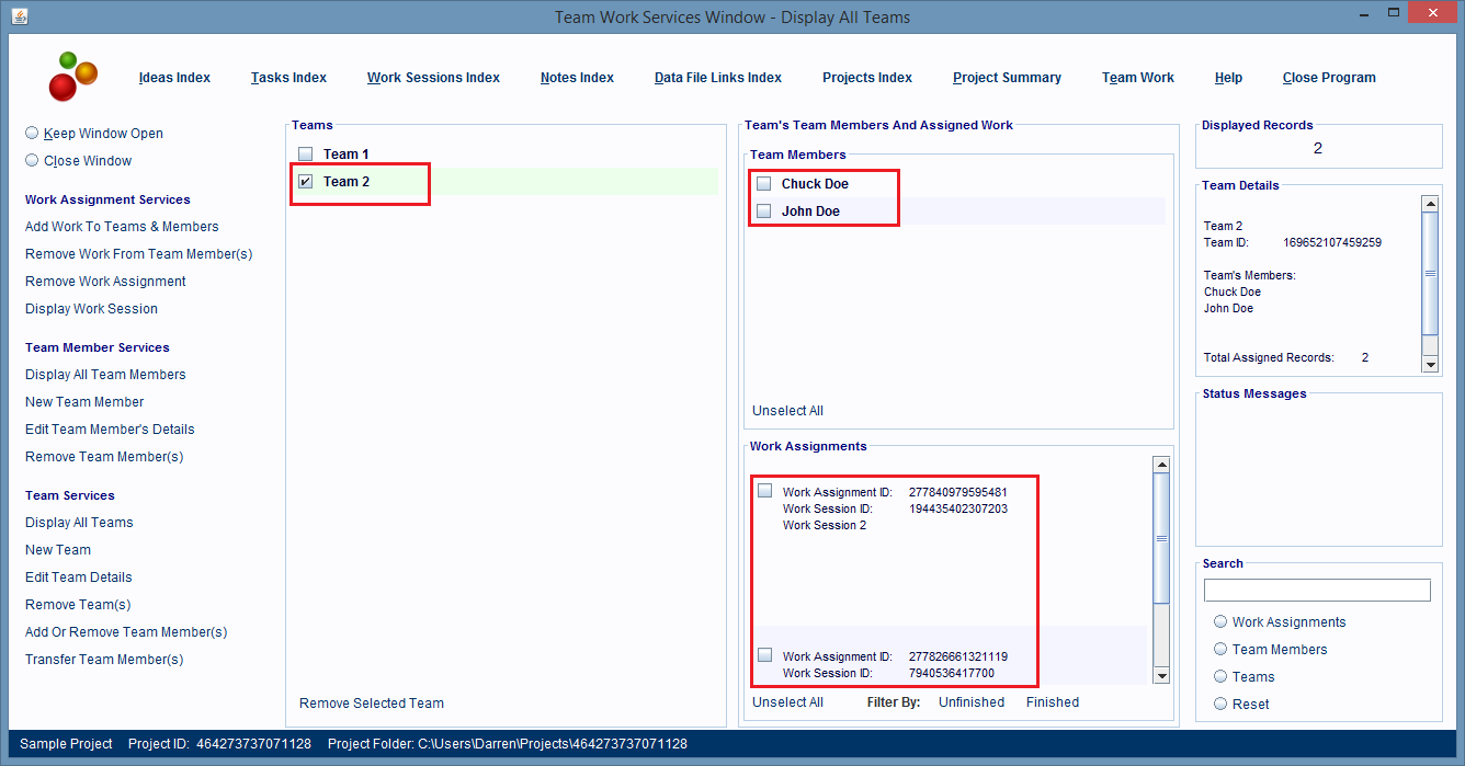 Selecting a Team displays the list of Team Member and Work Assignment records linked to that team.