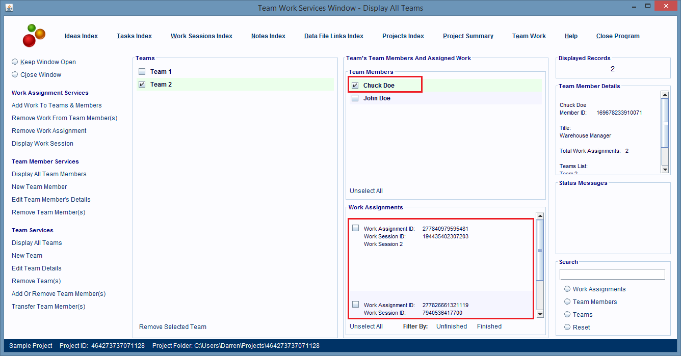 Selecting a Team Member causes the Work Assignments panel to display only that member's work assignments, on this team.