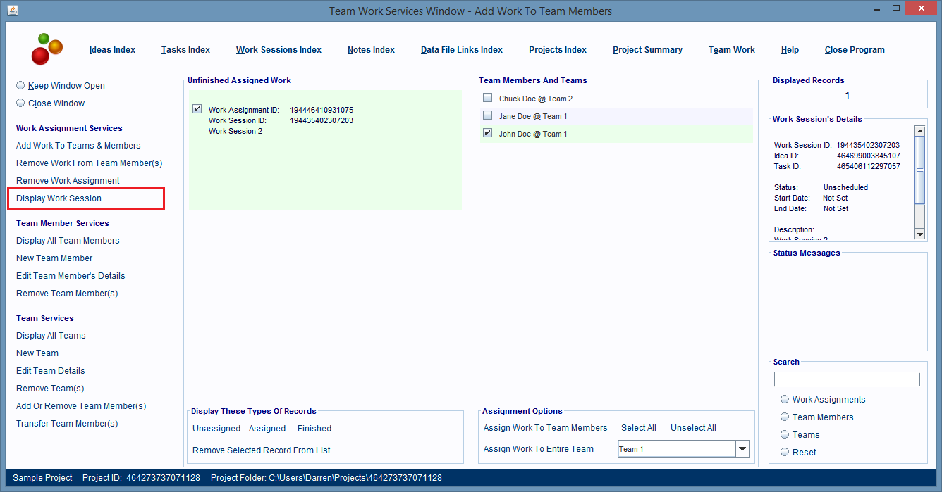 Click the Display Work Session hyperlink to display the selected record's parent Work Session record.