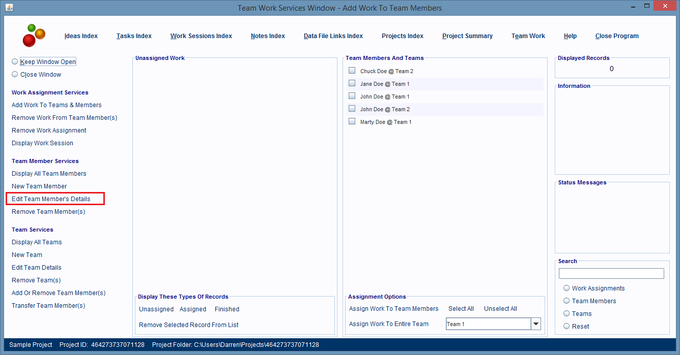 Team Work Services Window is displayed.