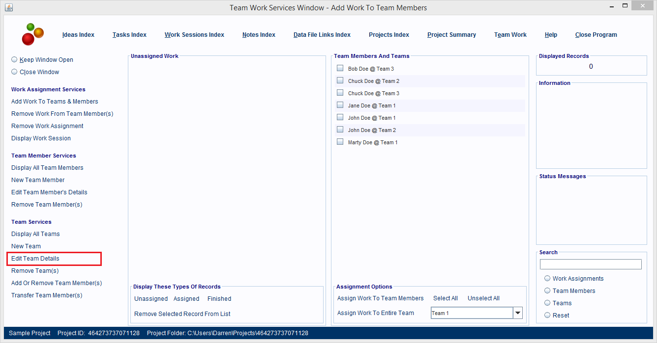 Click the Edit Team Details hyperlink to make changes to a Team record.