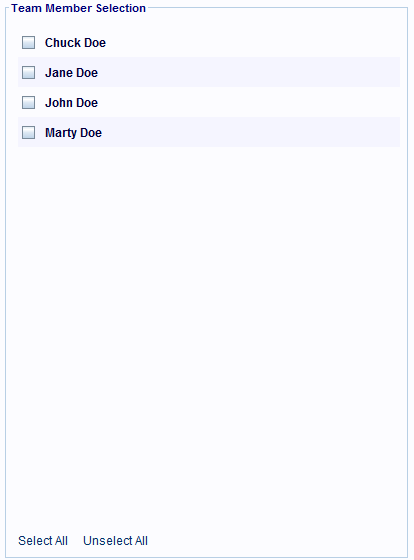 The Team Member Selection panel.