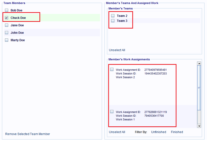 Team Member record and its associated Team and Work Assignment records.