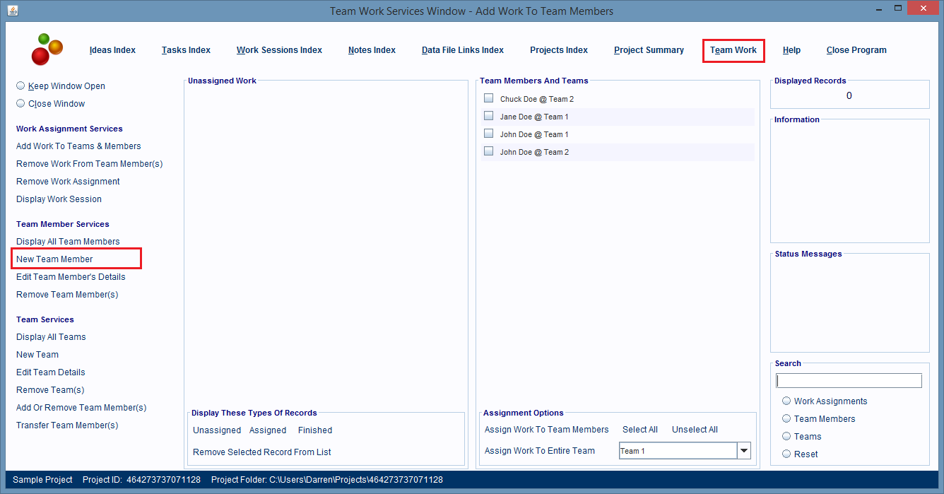 Team Work Services Window is displayed.