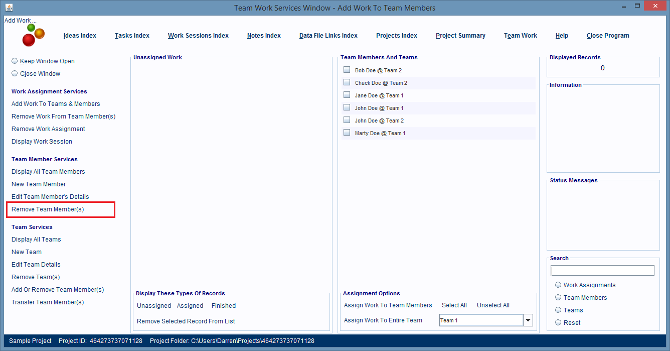 Team Work Services Window is displayed.