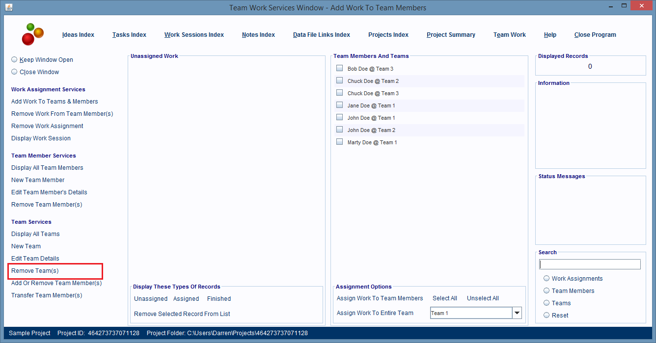 Click the Remove Team(s) hyperlink to make changes to a Team record.