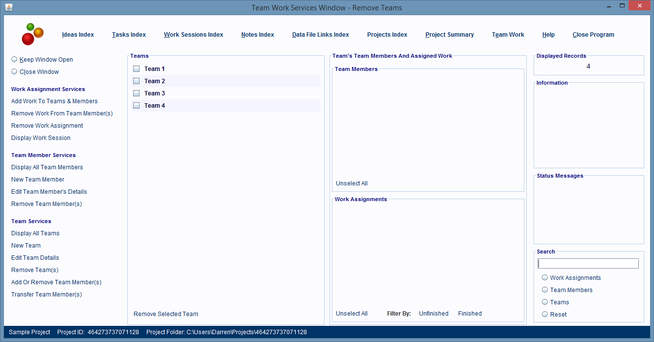 The Remove Team(s) service's panels.