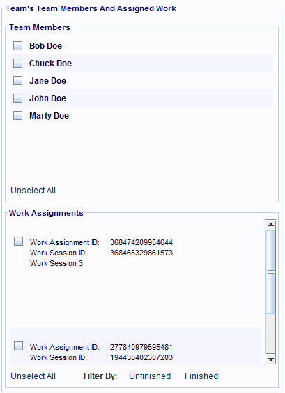 The Team Members And Work Assignments panels.