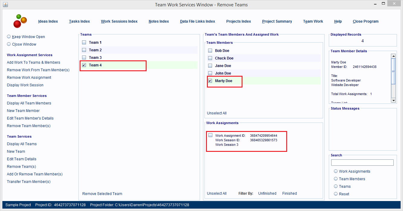 Clicking a team member entry displays which work assignments are linked to them.