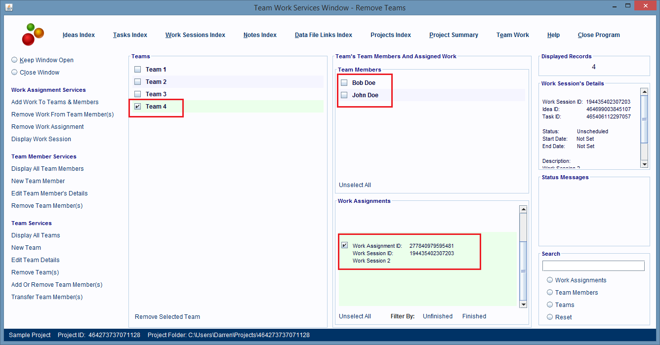 Clicking a work assignment entry displays which team members are assigned to it.