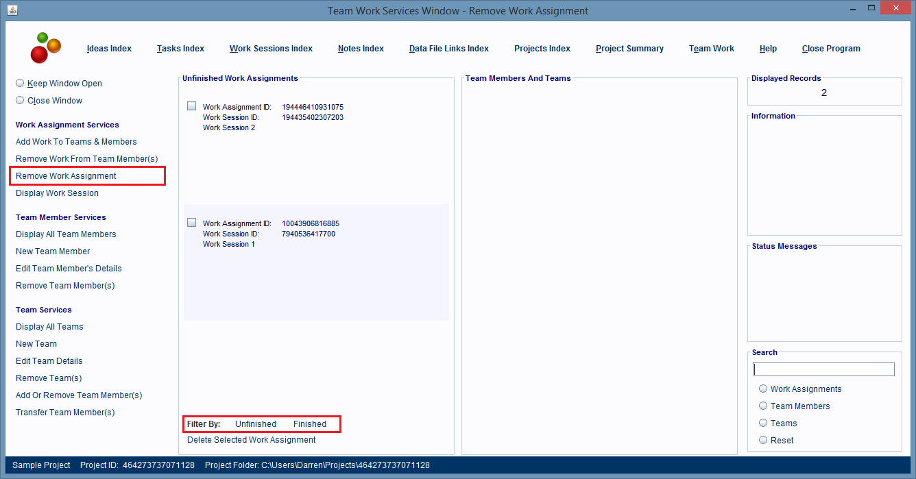 Team Work Services Window and Remove Work Assignment panels are displayed.