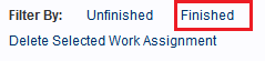 Click the Finished hyperlink to remove a finished Work Assignment record.