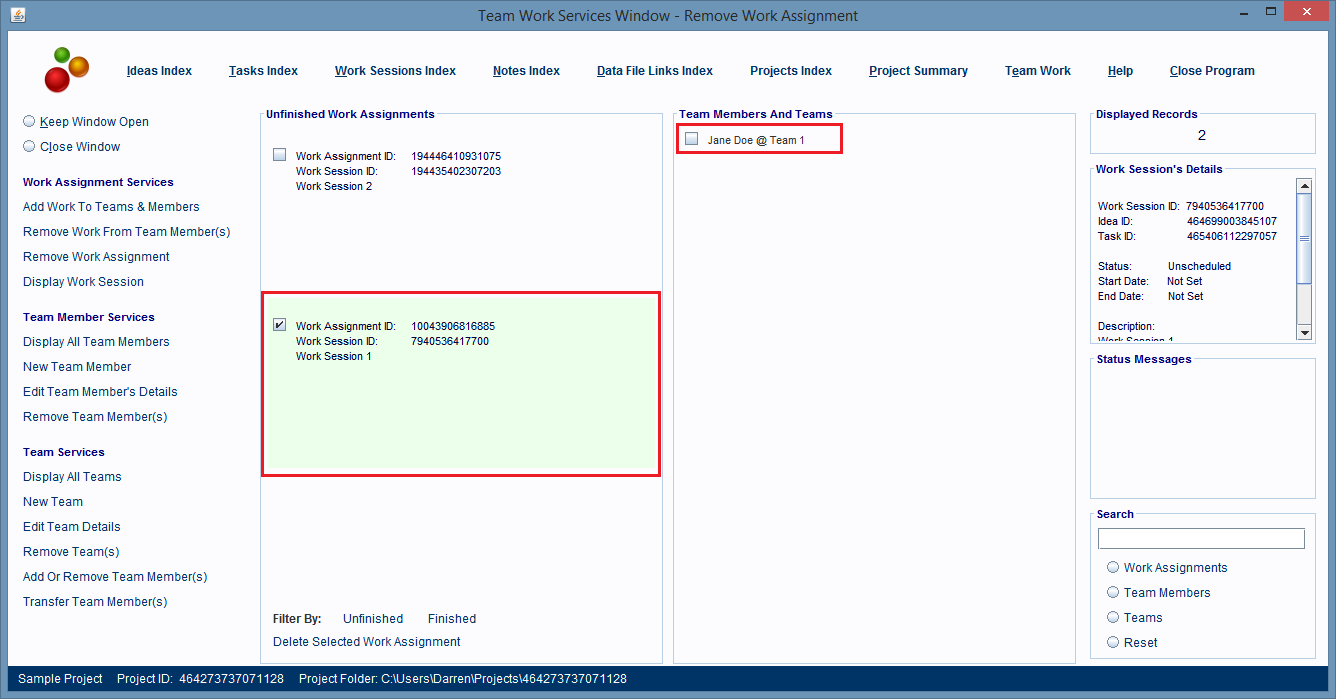 The selected work assignment record displays its linked team members.