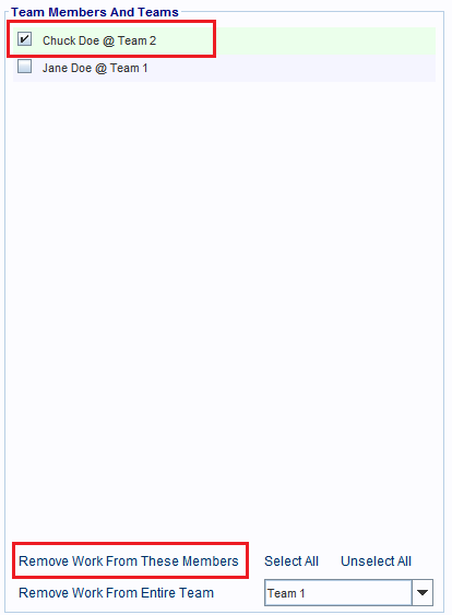 Remove selected Team Members from the selected work assignment record.